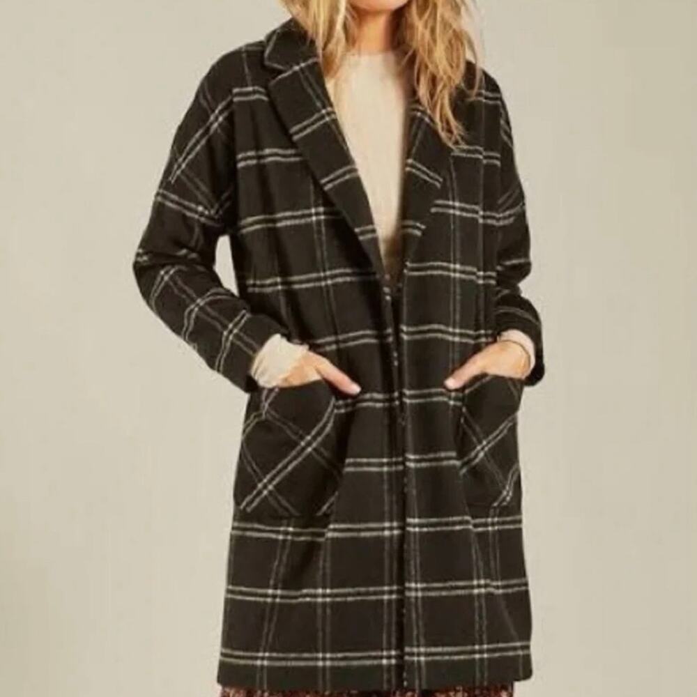 Rylee + Cru Women’s Black Plaid Long Jacket Coat Sz S